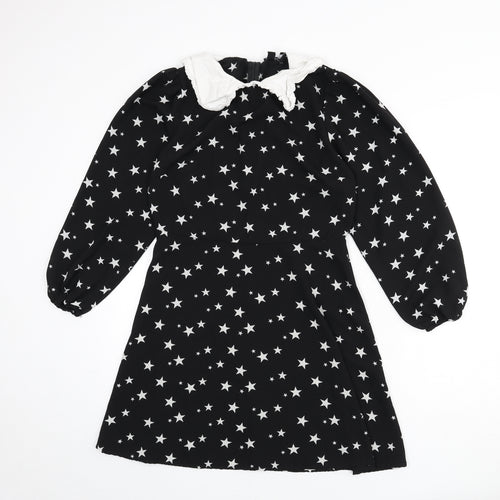 New Look Womens Black Geometric Polyester A-Line Size 14 Collared Zip - Star Print