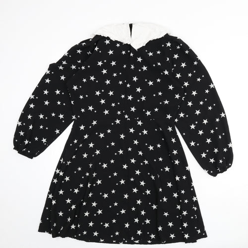 New Look Womens Black Geometric Polyester A-Line Size 14 Collared Zip - Star Print