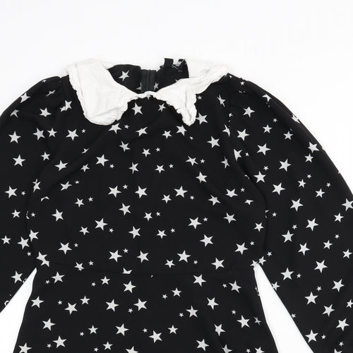 New Look Womens Black Geometric Polyester A-Line Size 14 Collared Zip - Star Print