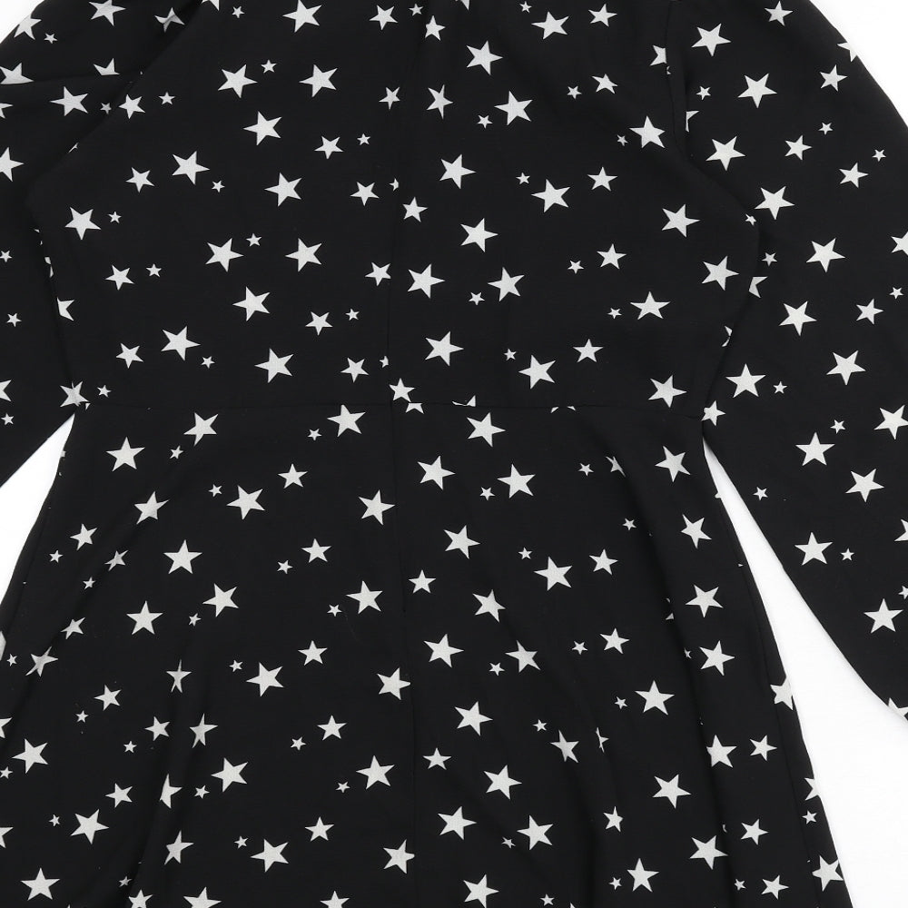 New Look Womens Black Geometric Polyester A-Line Size 14 Collared Zip - Star Print