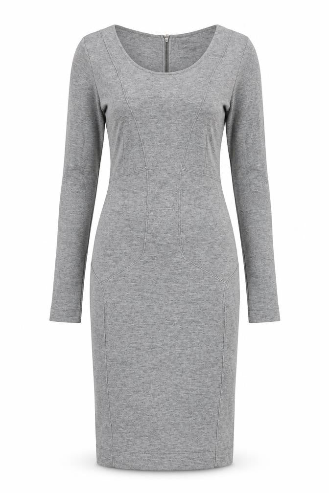 Front view of French Connection women’s grey modal bodycon, size UK 12, round neck zip