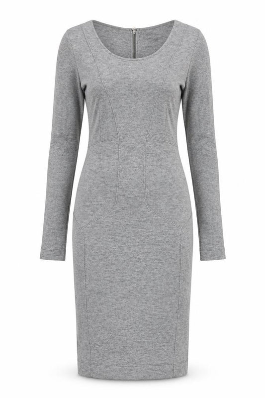 Front view of French Connection women’s grey modal bodycon, size UK 12, round neck zip