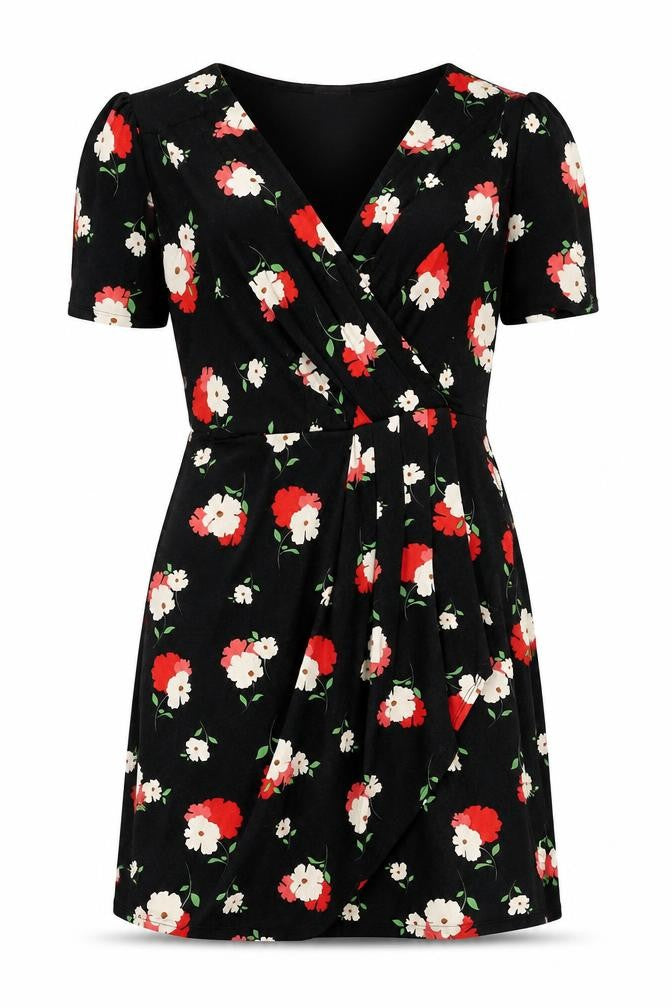 Front view of Phase Eight women’s black floral viscose a-line, size UK 12, v-neck pullover