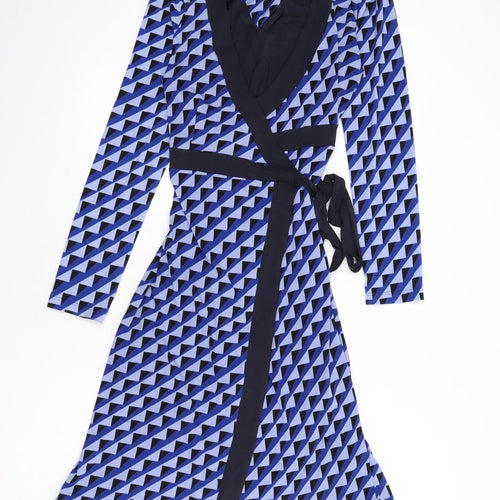 Marks and Spencer Womens Blue Geometric Polyester Wrap Dress Size 12 V-Neck Tie