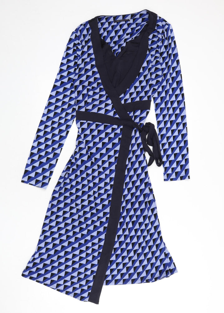 Marks and Spencer Womens Blue Geometric Polyester Wrap Dress Size 12 V-Neck Tie