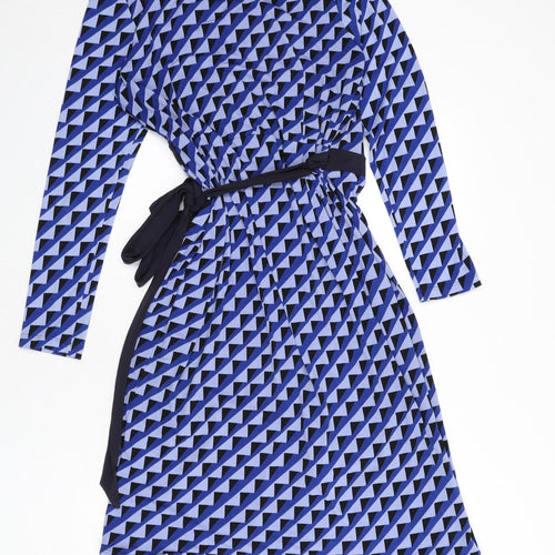 Marks and Spencer Womens Blue Geometric Polyester Wrap Dress Size 12 V-Neck Tie