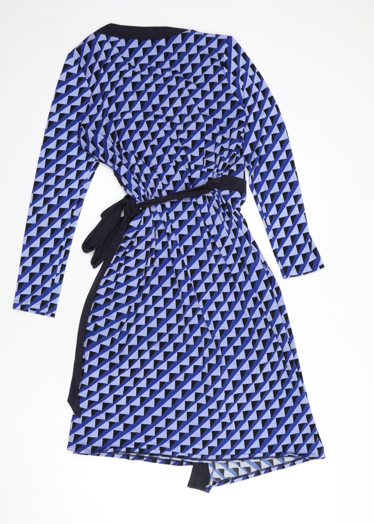 Marks and Spencer Womens Blue Geometric Polyester Wrap Dress Size 12 V-Neck Tie