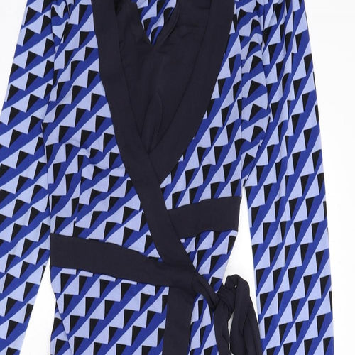 Marks and Spencer Womens Blue Geometric Polyester Wrap Dress Size 12 V-Neck Tie