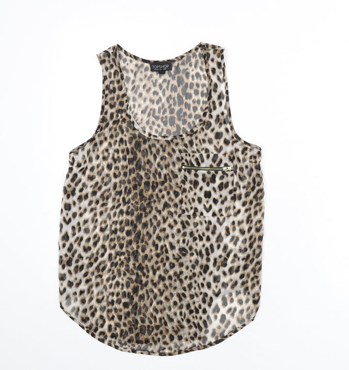 Topshop Womens Multicoloured Animal Print Polyester Basic Tank Size 8 Scoop Neck - Leopard Print