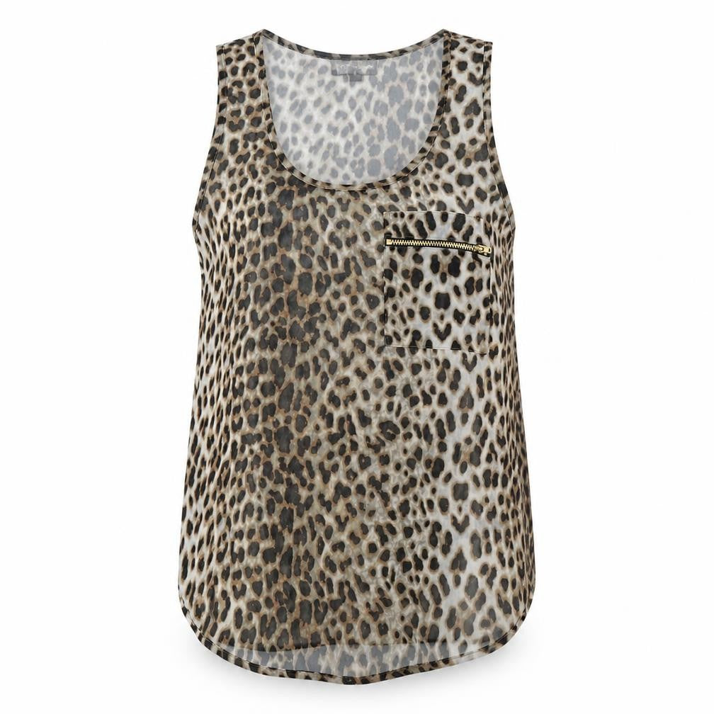 Front view of Topshop women’s multicoloured animal print polyester basic tank, size UK 8, scoop neck - leopard print