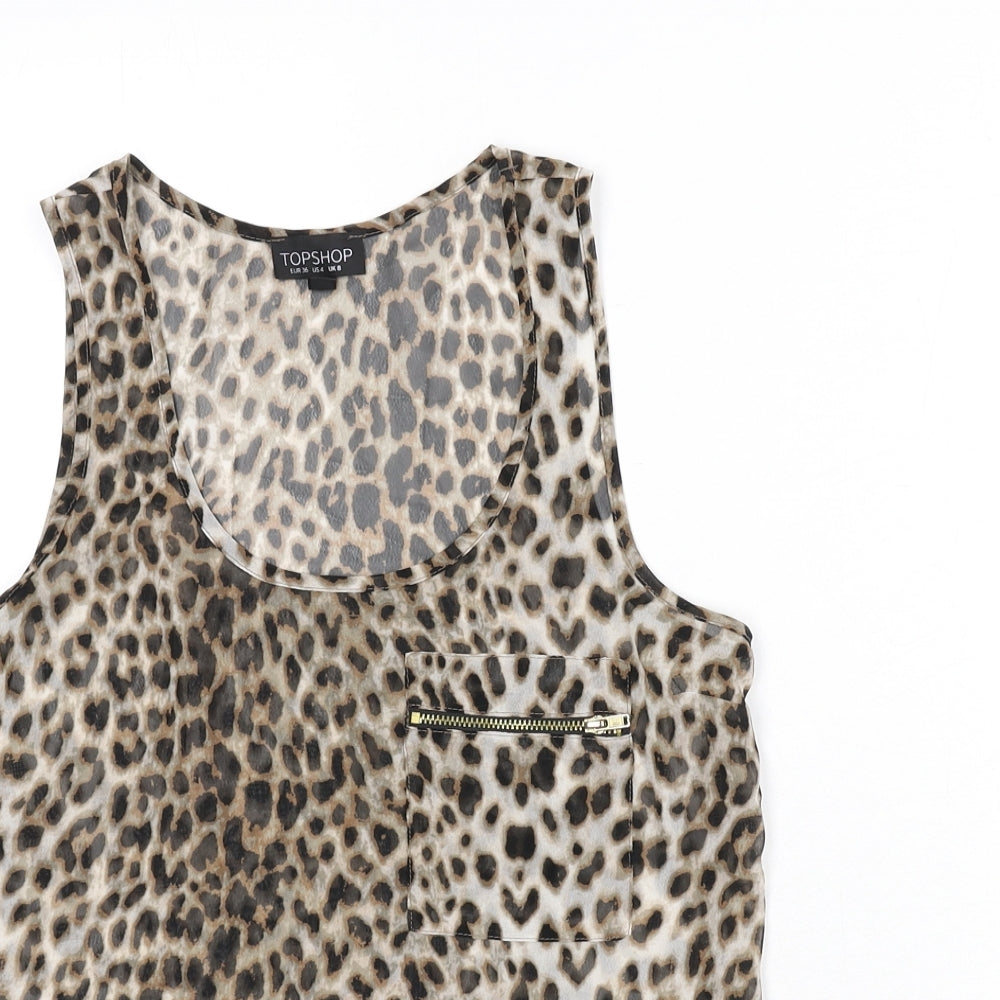 Topshop Womens Multicoloured Animal Print Polyester Basic Tank Size 8 Scoop Neck - Leopard Print