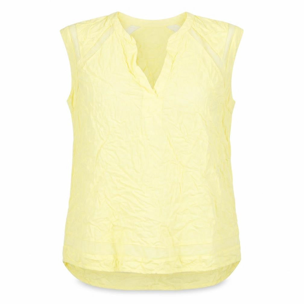 Front view of Warehouse women’s yellow polyester basic tank, size UK 16, v-neck - mesh panels