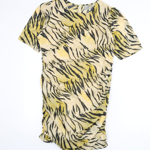 ASOS Womens Multicoloured Animal Print Polyester Bodycon Size 16 Round Neck Zip - Tiger Print, Ruched Sides