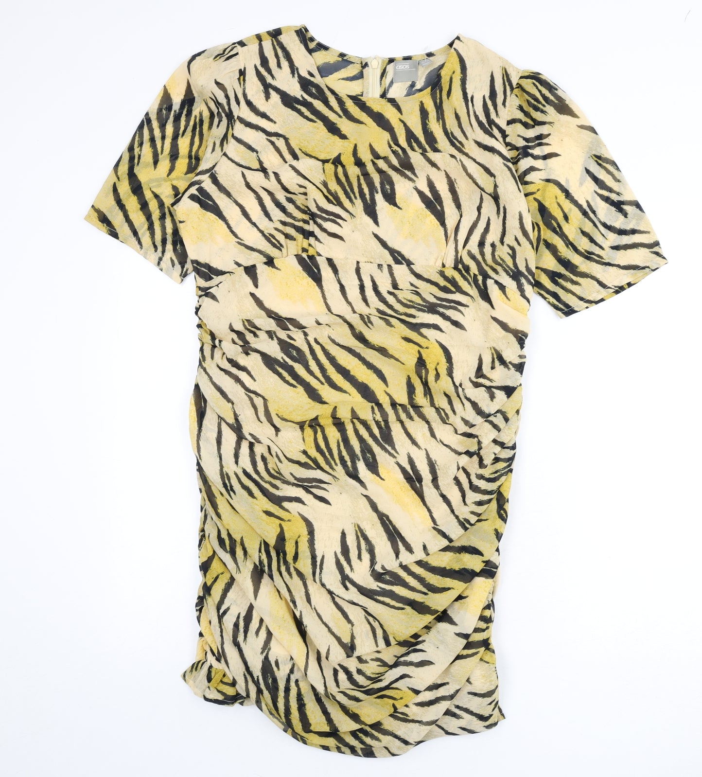 ASOS Womens Multicoloured Animal Print Polyester Bodycon Size 16 Round Neck Zip - Tiger Print, Ruched Sides