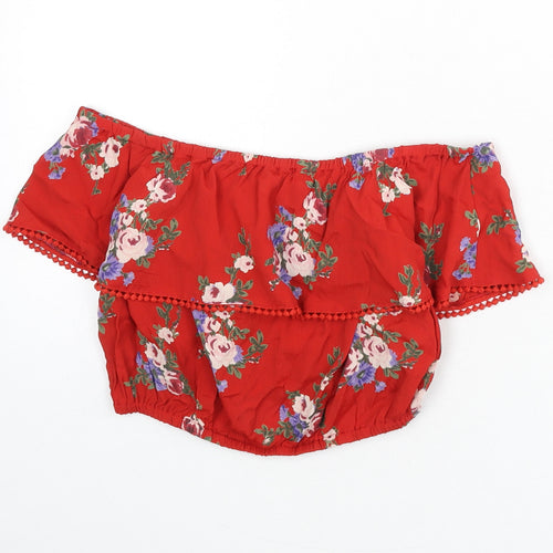 Miss Selfridge Womens Red Floral Viscose Cropped Blouse Size 8 Off the Shoulder - Bardot