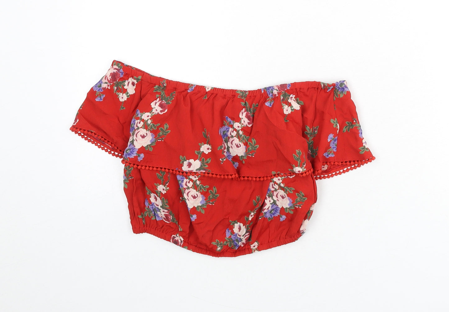 Miss Selfridge Womens Red Floral Viscose Cropped Blouse Size 8 Off the Shoulder - Bardot