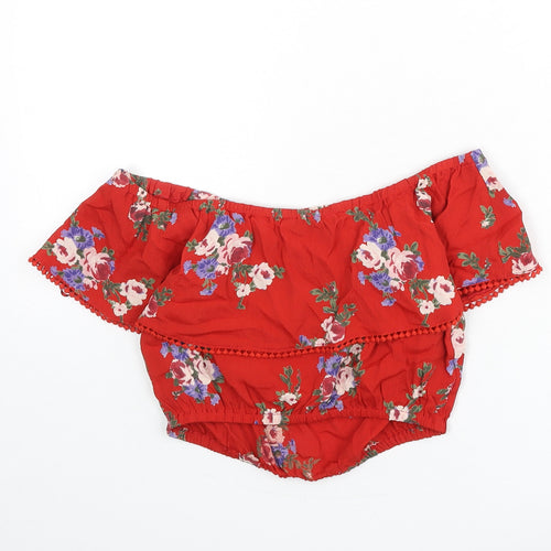 Miss Selfridge Womens Red Floral Viscose Cropped Blouse Size 8 Off the Shoulder - Bardot