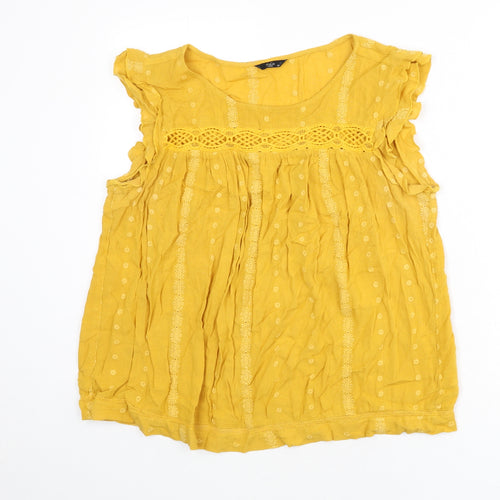M&Co Womens Yellow Cotton Basic Blouse Size 14 Round Neck - Floral Embroidery