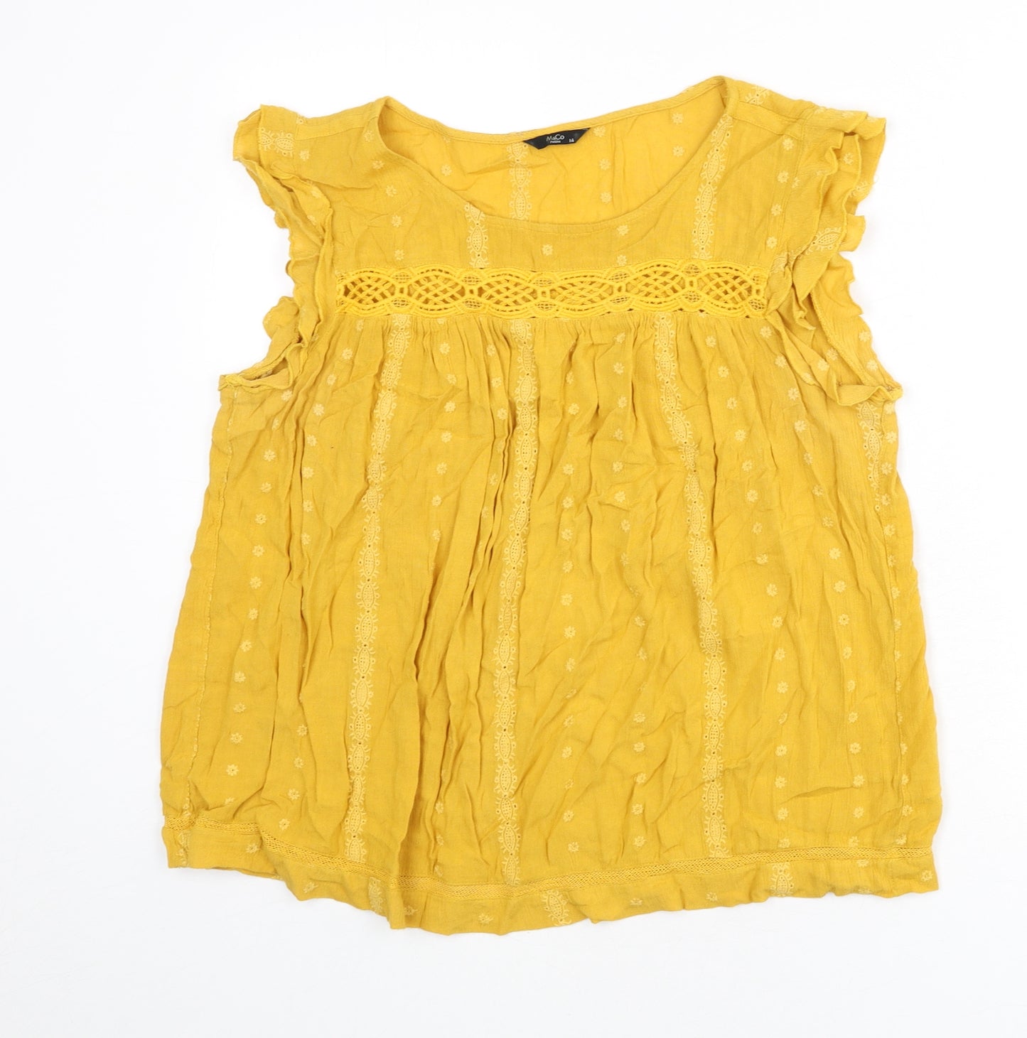 M&Co Womens Yellow Cotton Basic Blouse Size 14 Round Neck - Floral Embroidery