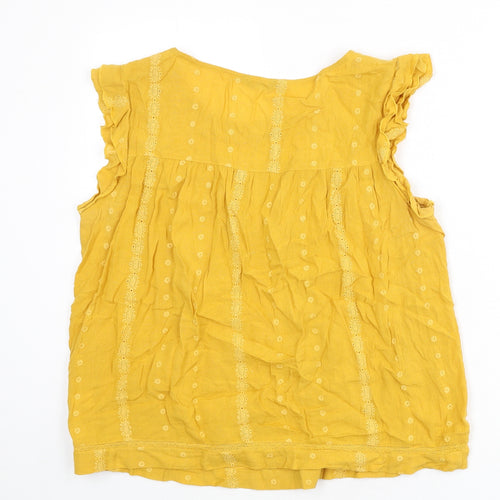M&Co Womens Yellow Cotton Basic Blouse Size 14 Round Neck - Floral Embroidery