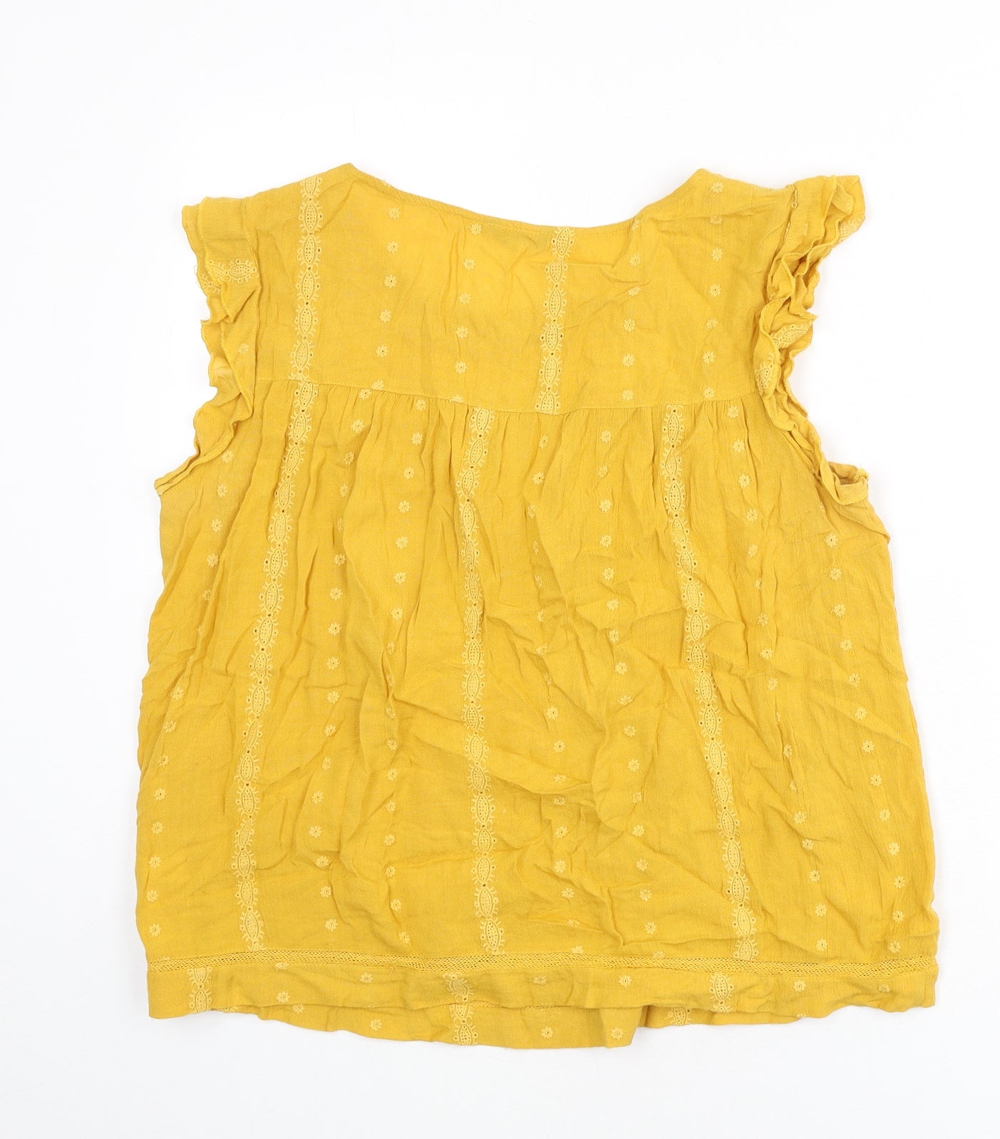 M&Co Womens Yellow Cotton Basic Blouse Size 14 Round Neck - Floral Embroidery