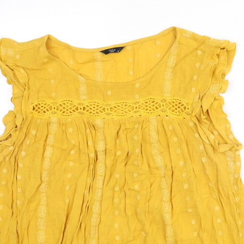 M&Co Womens Yellow Cotton Basic Blouse Size 14 Round Neck - Floral Embroidery