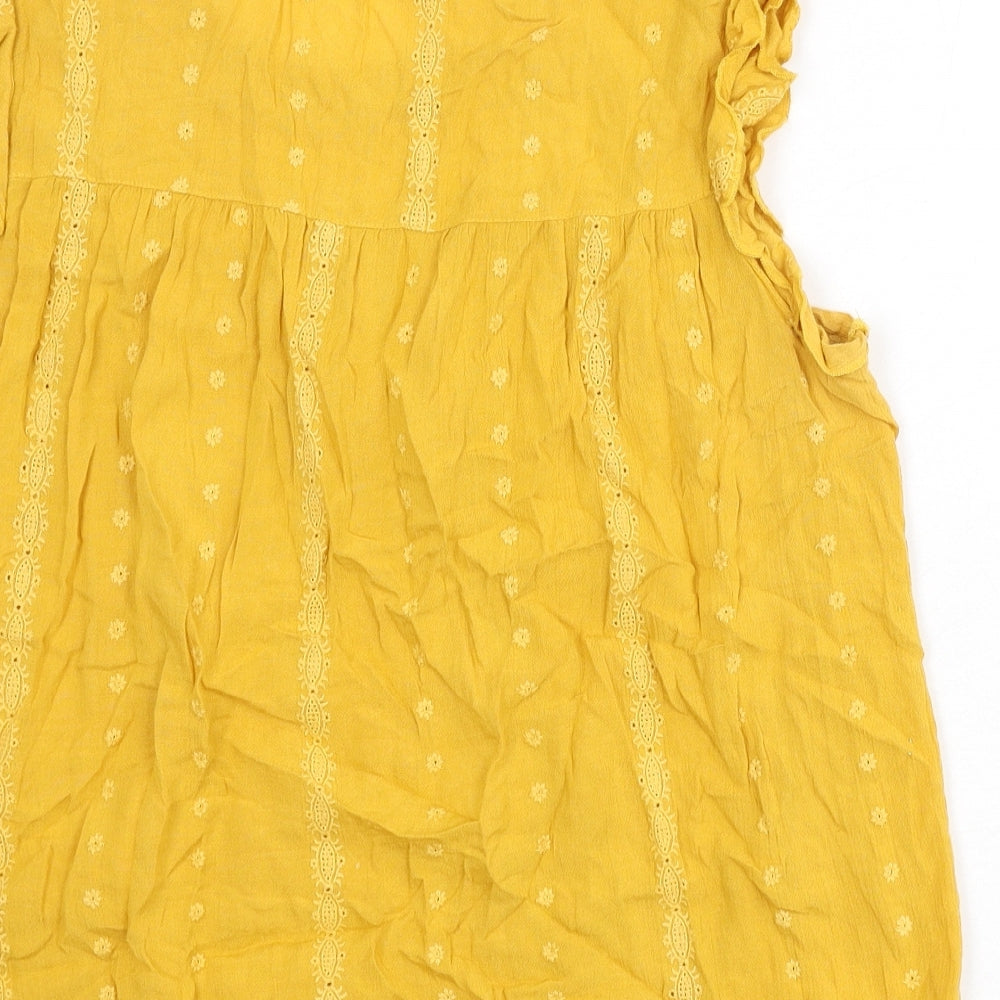 M&Co Womens Yellow Cotton Basic Blouse Size 14 Round Neck - Floral Embroidery