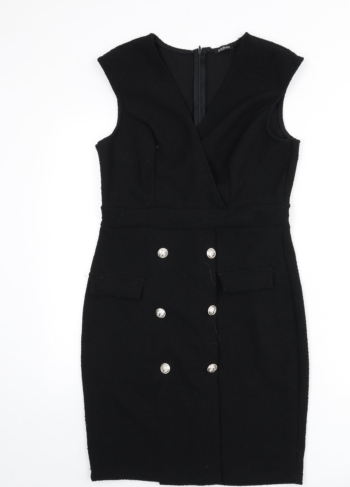Boohoo Womens Black Polyester Pencil Dress Size 14 V-Neck Zip