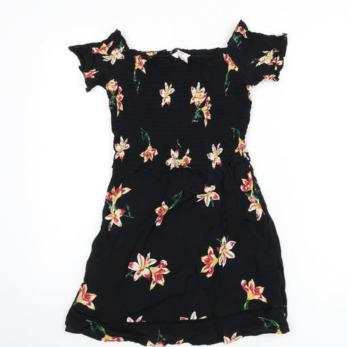 Miss Selfridge Womens Black Floral Polyester Mini Size 6 Off the Shoulder Pullover - Shirred