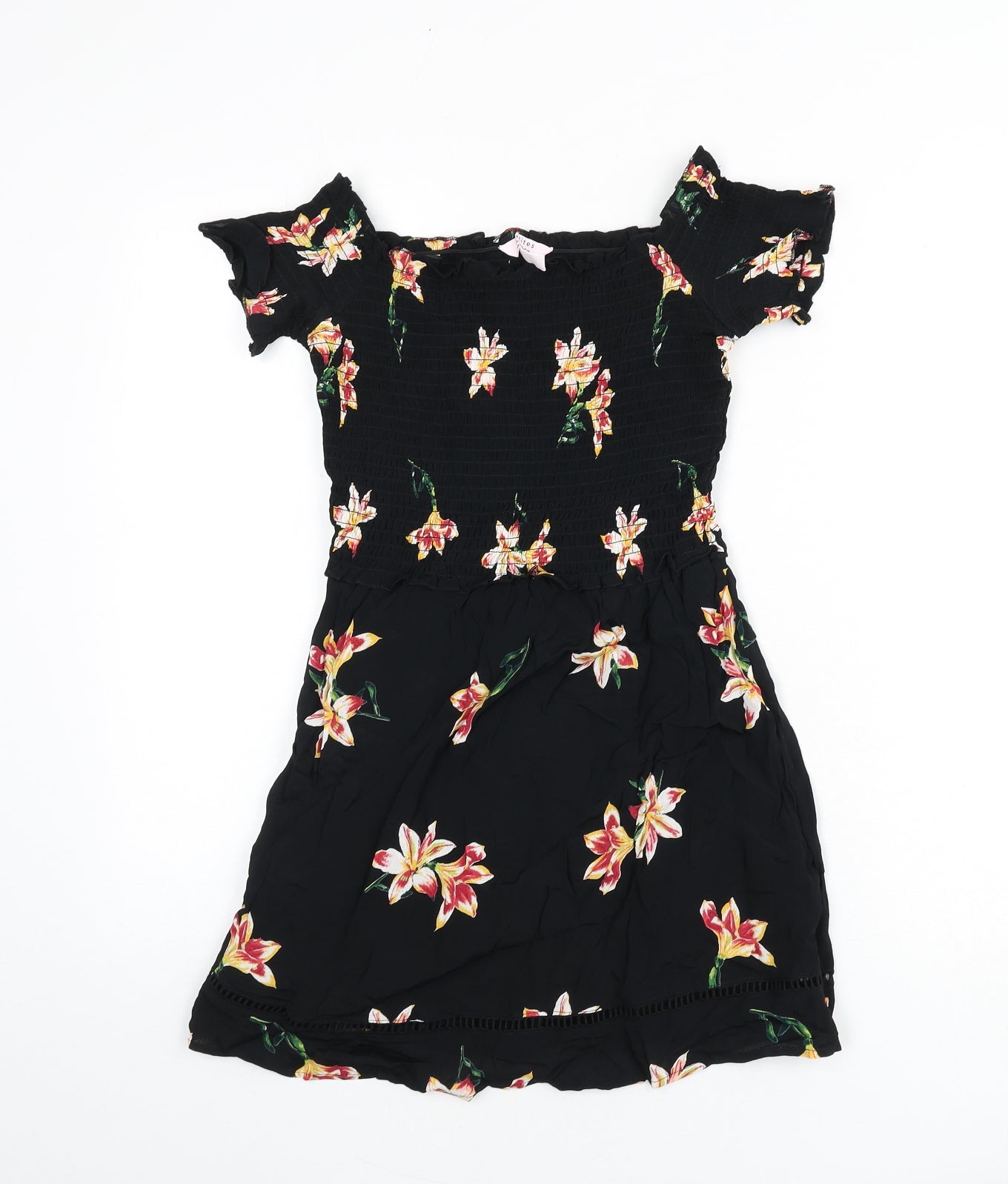 Miss Selfridge Womens Black Floral Polyester Mini Size 6 Off the Shoulder Pullover - Shirred