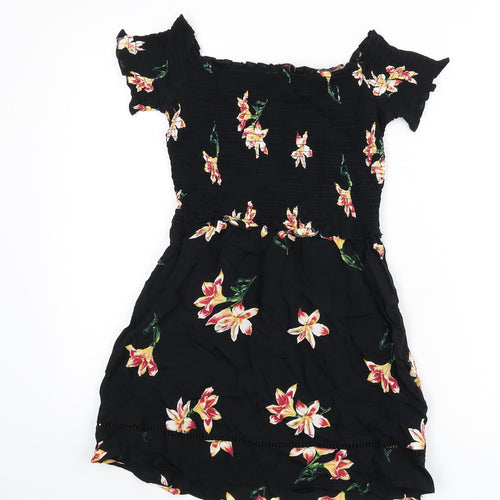 Miss Selfridge Womens Black Floral Polyester Mini Size 6 Off the Shoulder Pullover - Shirred