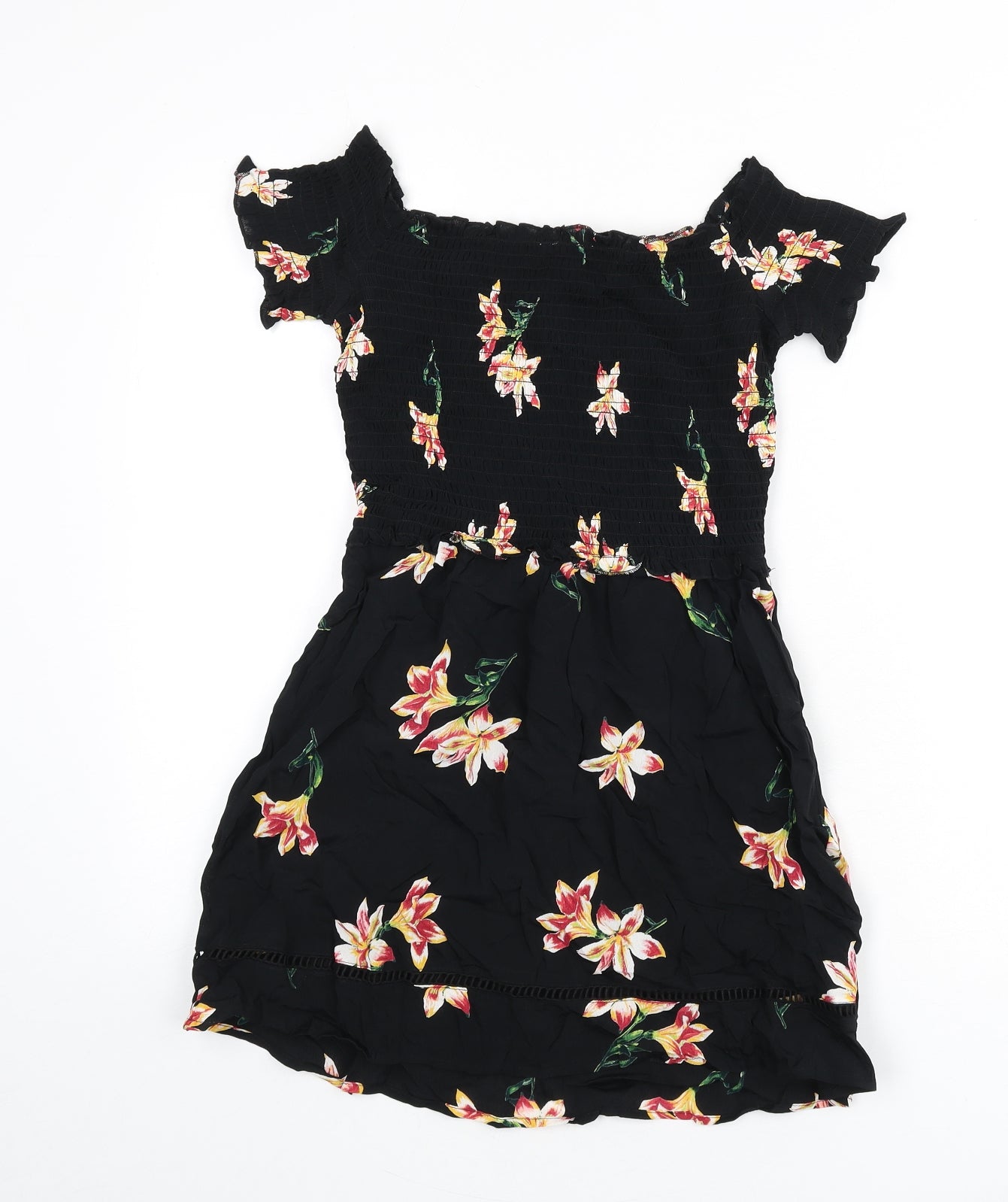 Miss Selfridge Womens Black Floral Polyester Mini Size 6 Off the Shoulder Pullover - Shirred