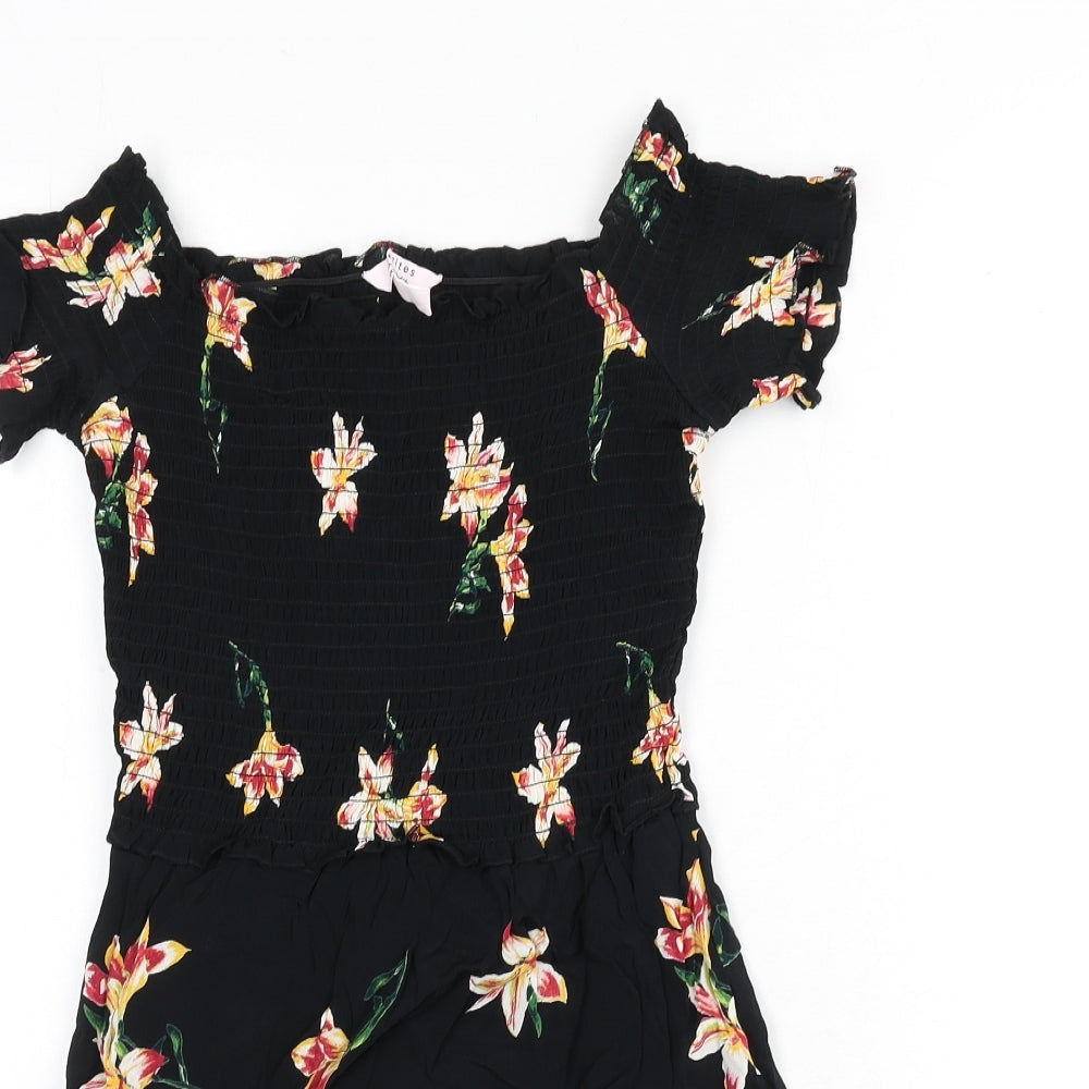 Miss Selfridge Womens Black Floral Polyester Mini Size 6 Off the Shoulder Pullover - Shirred