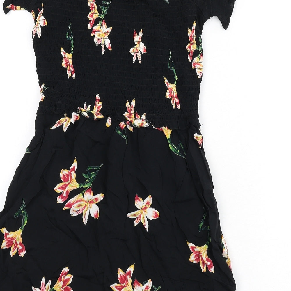 Miss Selfridge Womens Black Floral Polyester Mini Size 6 Off the Shoulder Pullover - Shirred