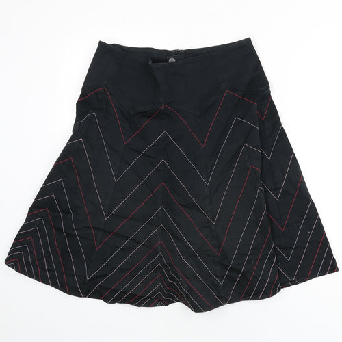 Warehouse Womens Black Geometric Cotton Flare Skirt Size 14 Zip - Zig Zag Pattern