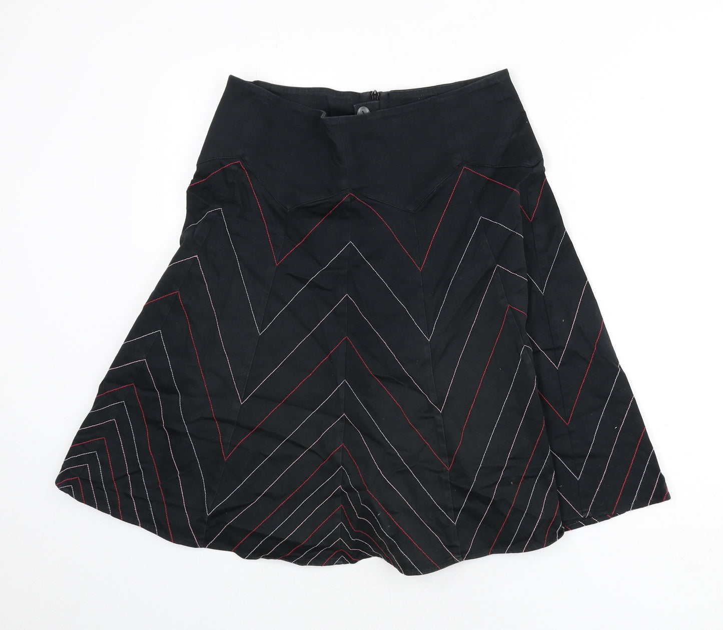 Warehouse Womens Black Geometric Cotton Flare Skirt Size 14 Zip - Zig Zag Pattern