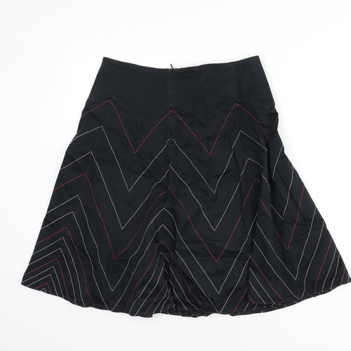 Warehouse Womens Black Geometric Cotton Flare Skirt Size 14 Zip - Zig Zag Pattern
