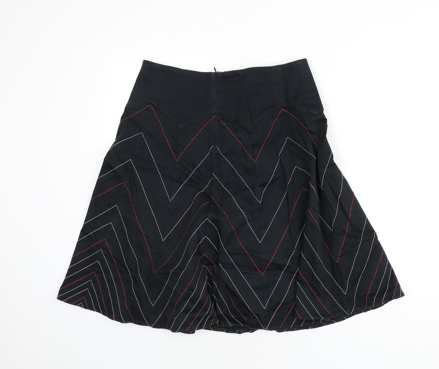 Warehouse Womens Black Geometric Cotton Flare Skirt Size 14 Zip - Zig Zag Pattern