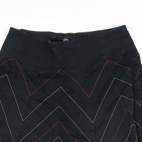 Warehouse Womens Black Geometric Cotton Flare Skirt Size 14 Zip - Zig Zag Pattern