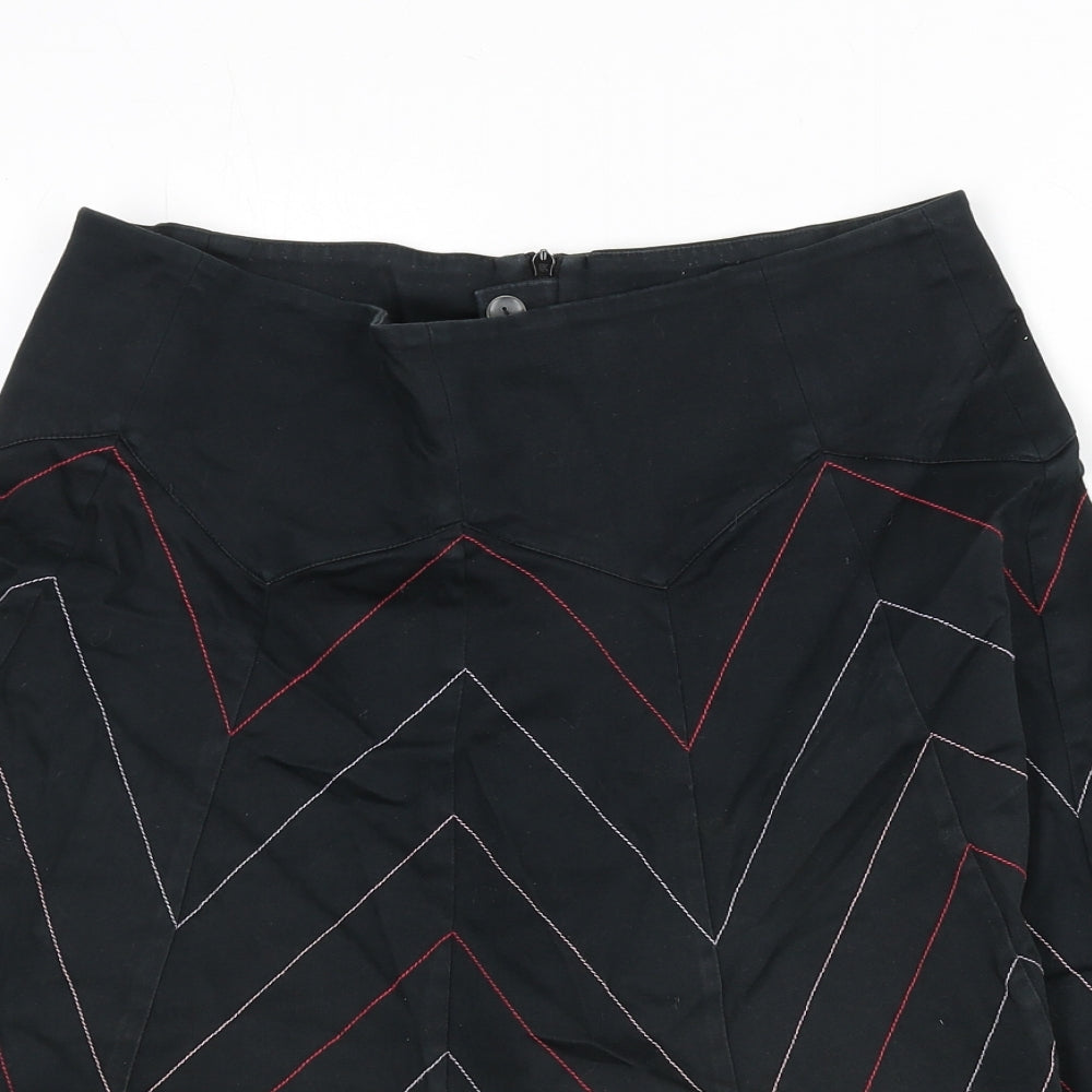 Warehouse Womens Black Geometric Cotton Flare Skirt Size 14 Zip - Zig Zag Pattern