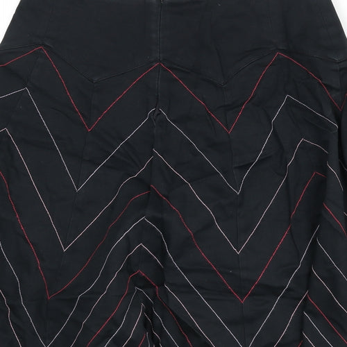 Warehouse Womens Black Geometric Cotton Flare Skirt Size 14 Zip - Zig Zag Pattern
