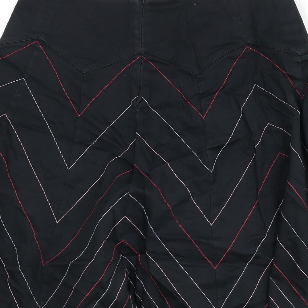 Warehouse Womens Black Geometric Cotton Flare Skirt Size 14 Zip - Zig Zag Pattern