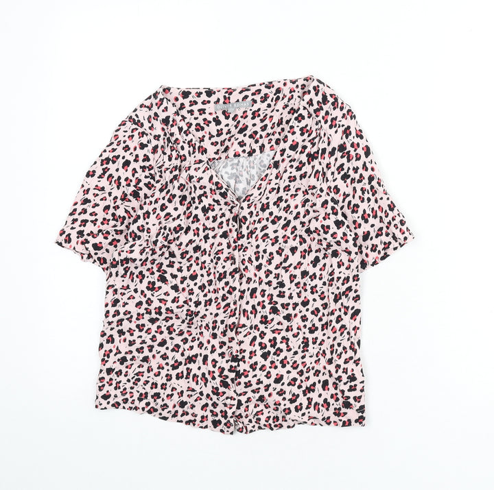 Oliver Bonas Womens Pink Animal Print Viscose Basic Button-Up Size 8 V-Neck - Leopard Print