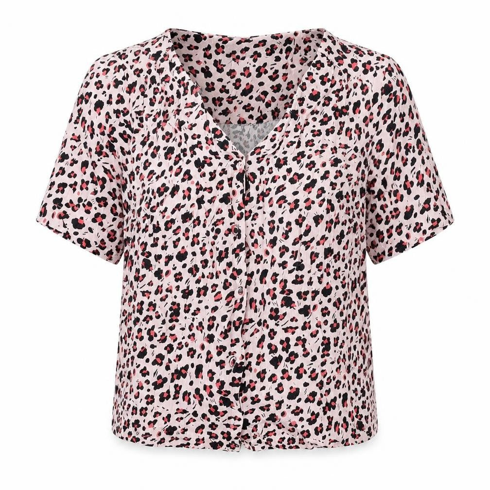 Front view of Oliver Bonas women’s pink animal print viscose basic button-up, size UK 8, v-neck - leopard print