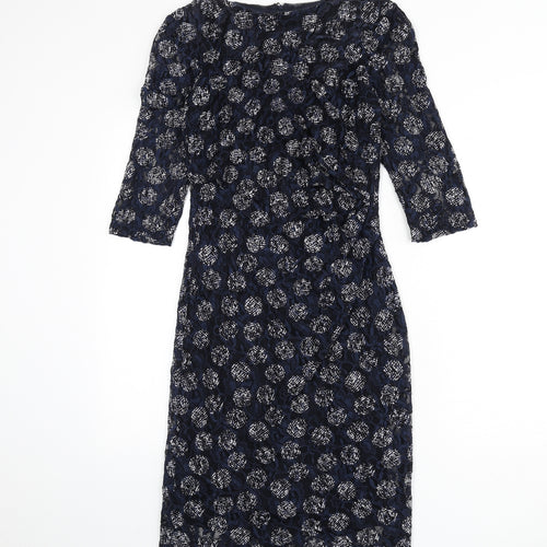 Phase Eight Womens Blue Geometric Polyester Pencil Dress Size 8 Boat Neck Zip - Lace Overlay