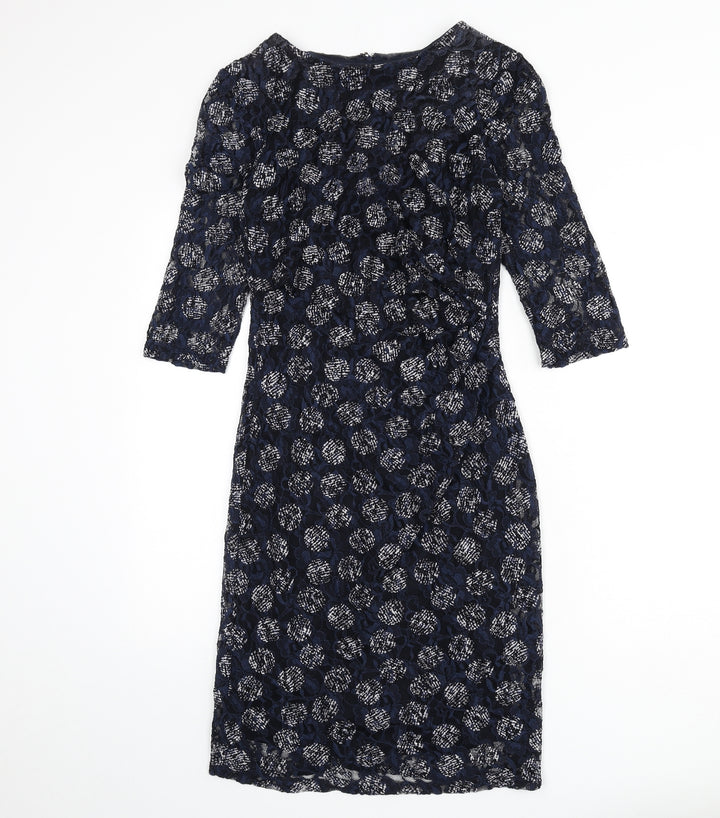 Phase Eight Womens Blue Geometric Polyester Pencil Dress Size 8 Boat Neck Zip - Lace Overlay