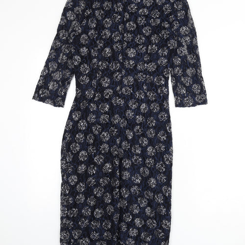 Phase Eight Womens Blue Geometric Polyester Pencil Dress Size 8 Boat Neck Zip - Lace Overlay