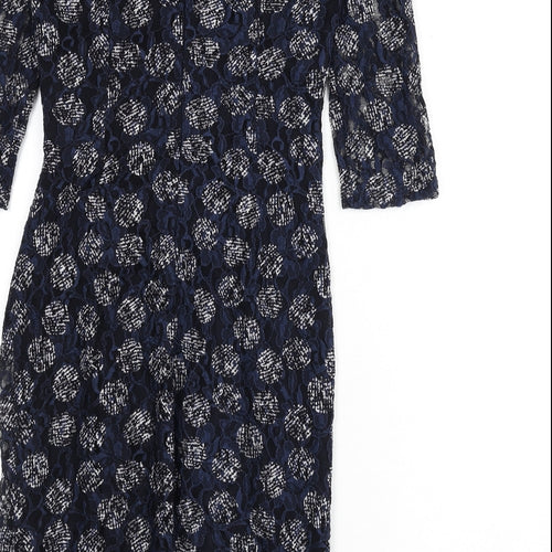 Phase Eight Womens Blue Geometric Polyester Pencil Dress Size 8 Boat Neck Zip - Lace Overlay