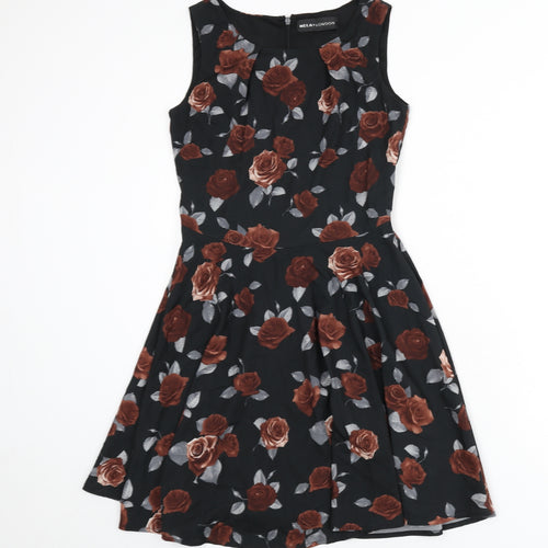Mela London Womens Black Floral Viscose Fit & Flare Size 8 Round Neck Zip