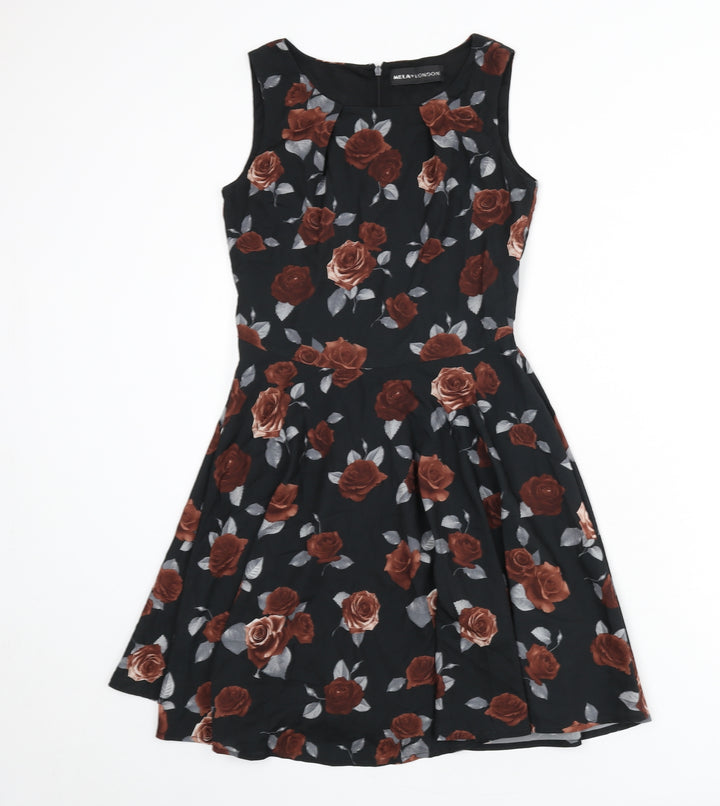 Mela London Womens Black Floral Viscose Fit & Flare Size 8 Round Neck Zip